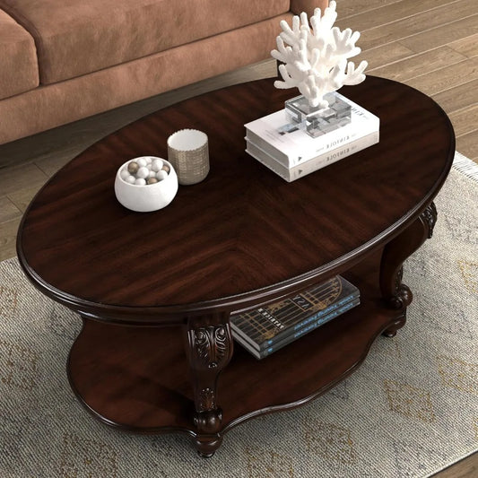 Retro Oval Wood Coffee Table with Open Storage Shelf French Country Style Coffee Table 42 Inch Center Table for Living Room
