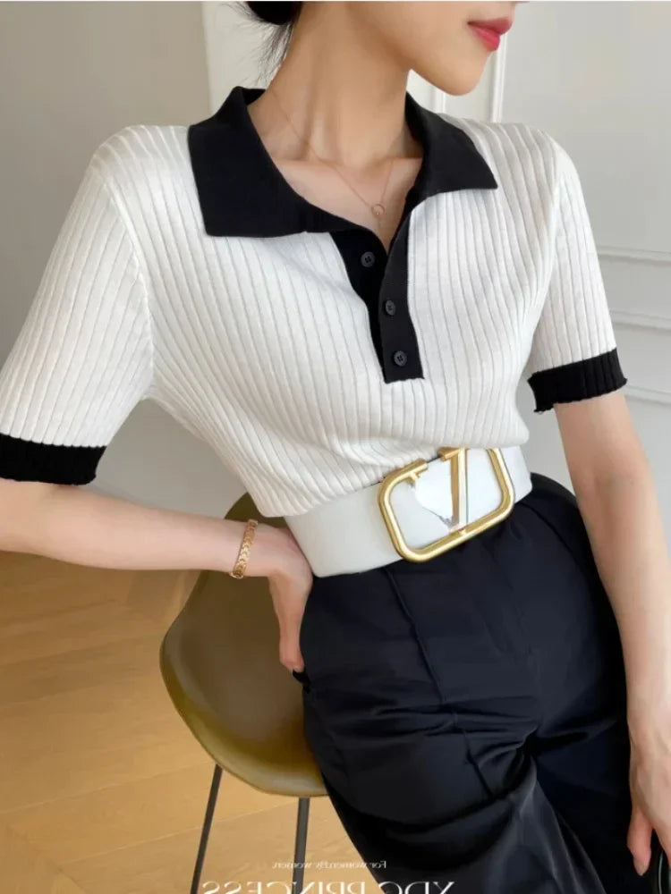 Women Clothing Temperament Elegant Knitted Contrast Tops Summer Fashion Commute POLO Short Sleeve Chic Button Slim T-shirt