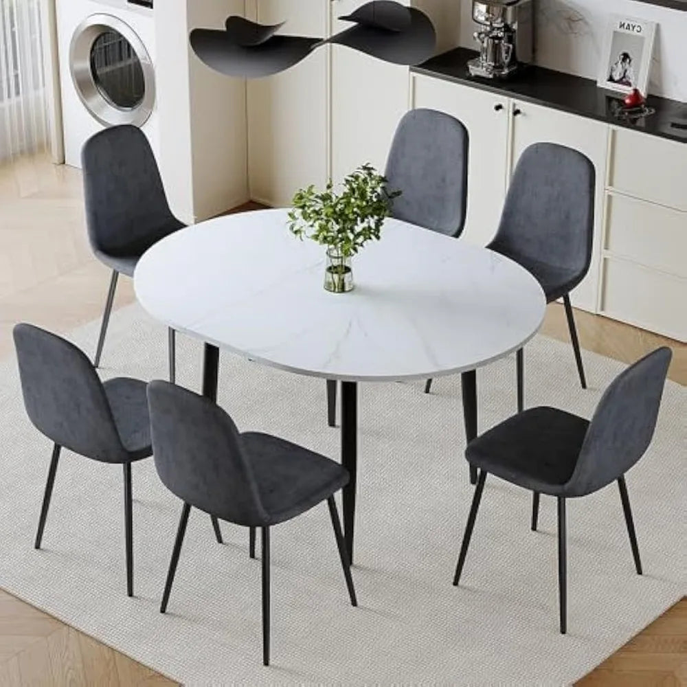"Round Extendable Dining Table Set for 6 with Upholstered Chairs in White Kitchen Style"