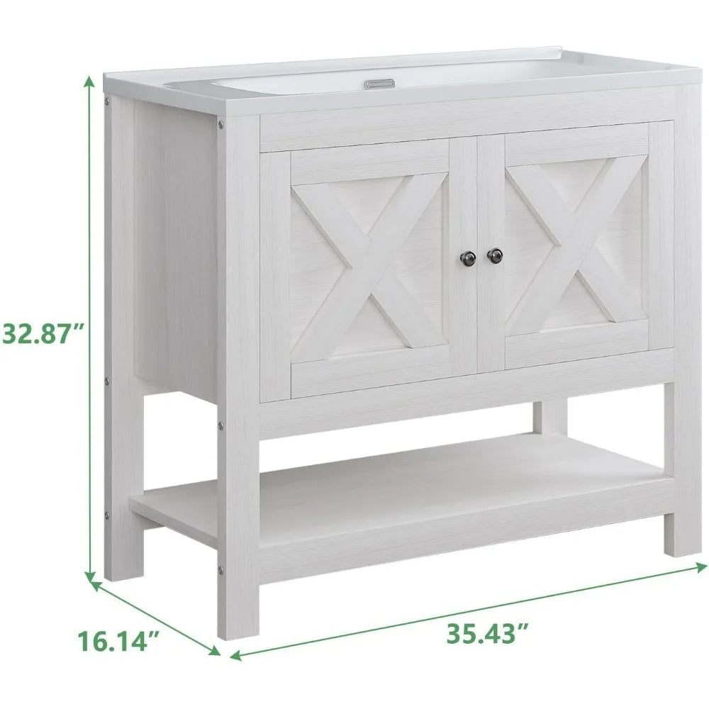 "35" modern farmhouse vanity with sink, freestanding cabinet, 2 doors & open shelf for bathroom