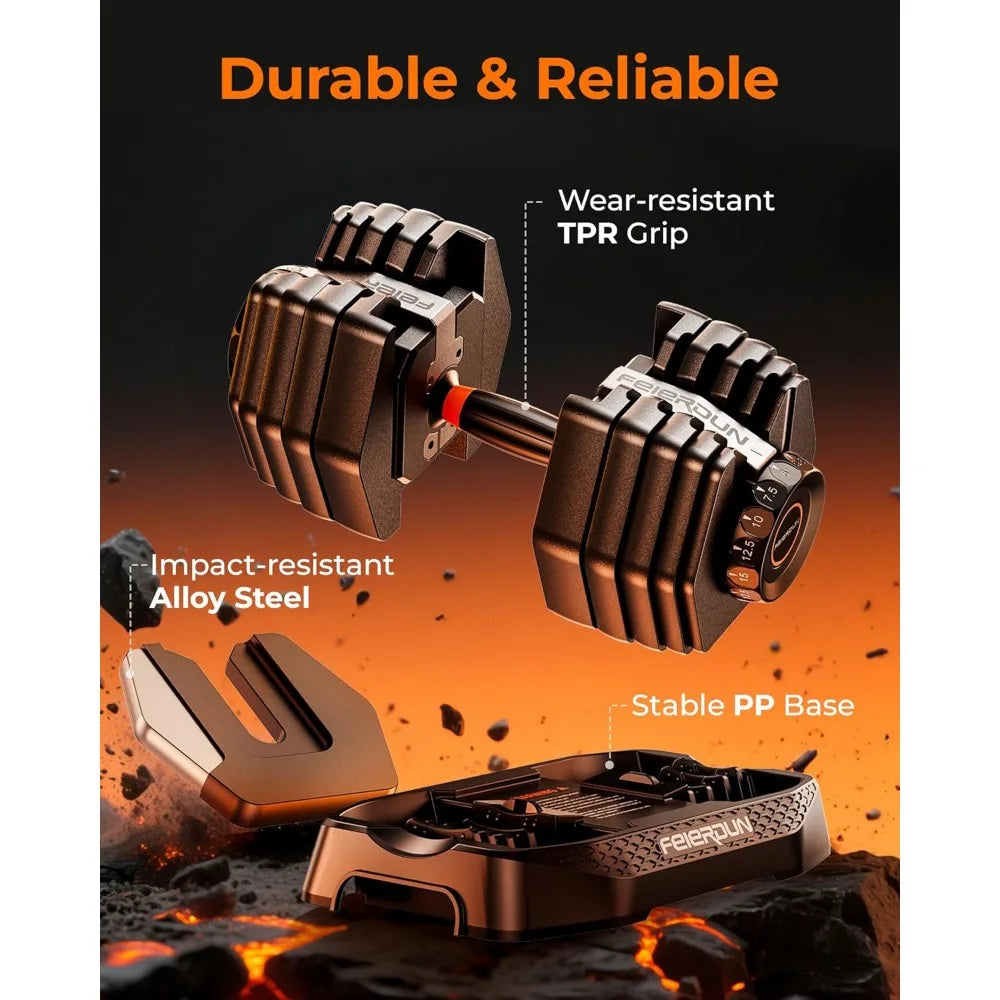 Feierdun 15-in-1 Adjustable Dumbbells, 5 to 52.5 Pounds, with Quick-Change Weight System, Non-Slip Grips, and Traction Handles