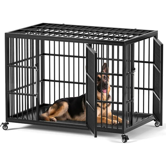 Extra-Large Heavy-Duty Dog Crate with Self-Locking, Steel Indoor Kennel for Large Breeds, XL Double-Door Metal Pet Cage on Wheel