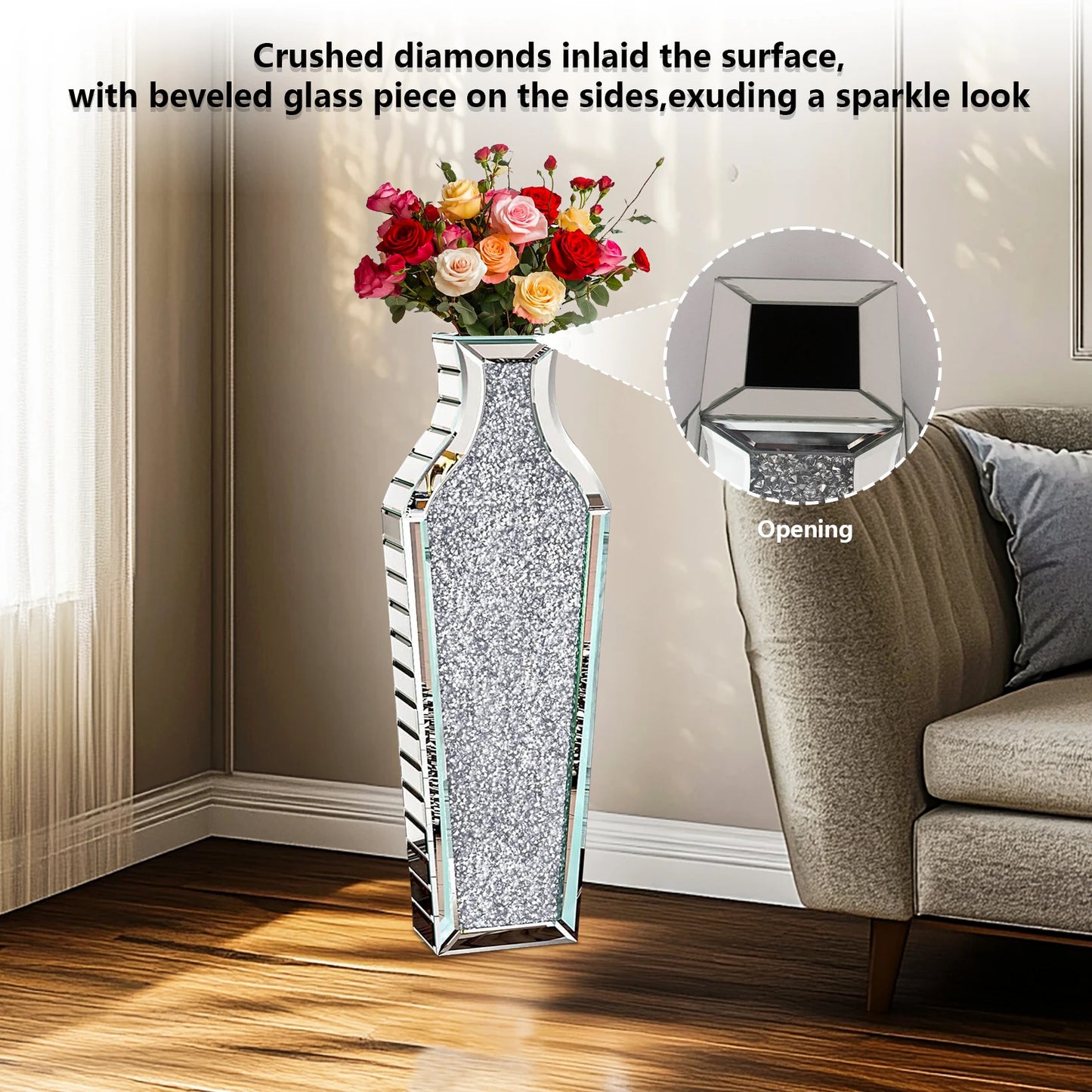 27" Tall Crushed Diamond Floor Vase, Silver Large Vases for Decor Living Room Crystal Mirrored Home Decor Vases for Dried Flower