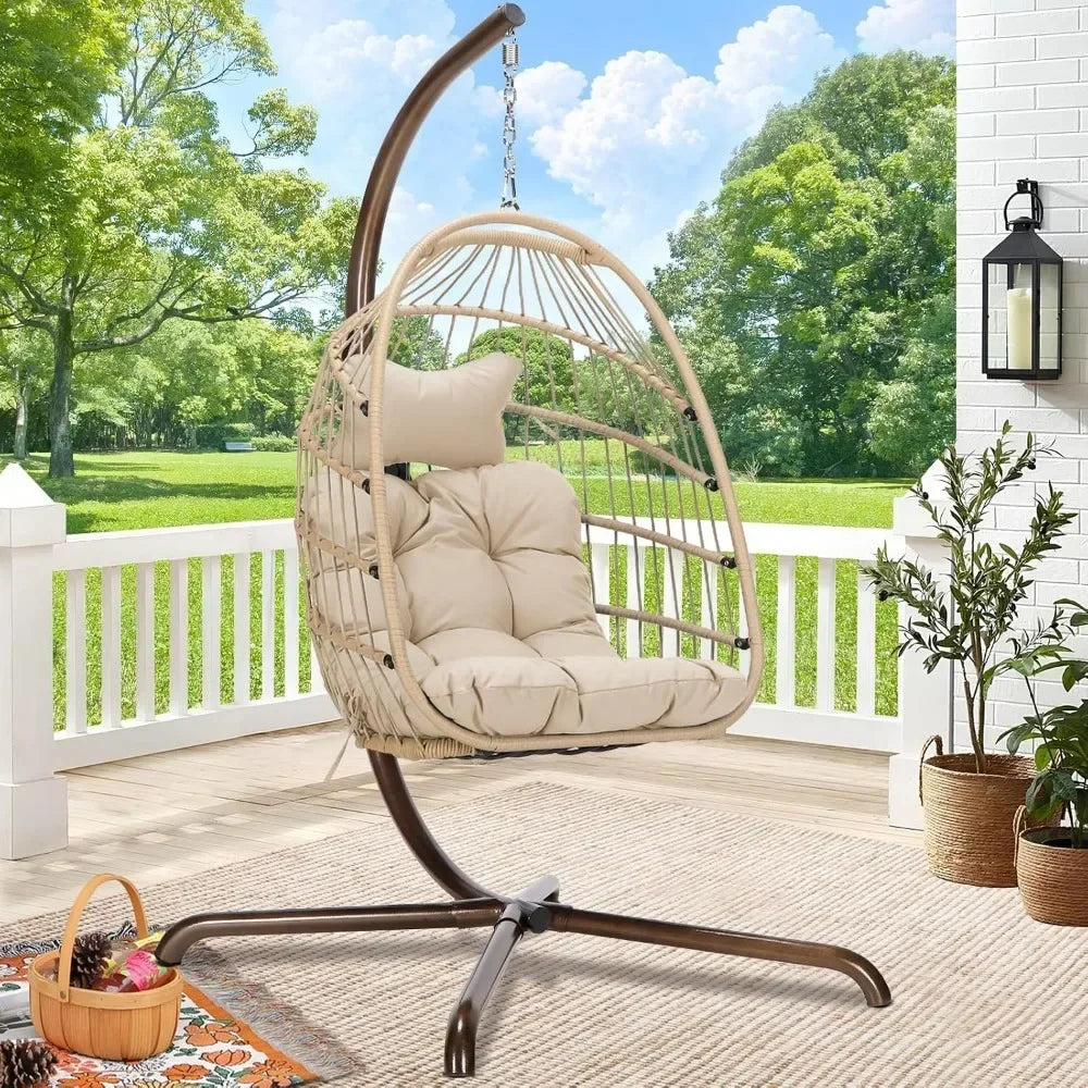 Rattan Wicker Hanging Egg Chair with Stand for Patio Swing Chair with Cushion And Pillow for Indoor Outdoor Use