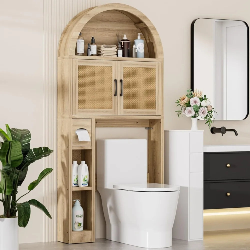 Over The Toilet Storage Cabinet, Bathroom Organizer Over Toilet with Rattan Doors, Arched Storage Organizer Cabinet with Anti-Ti