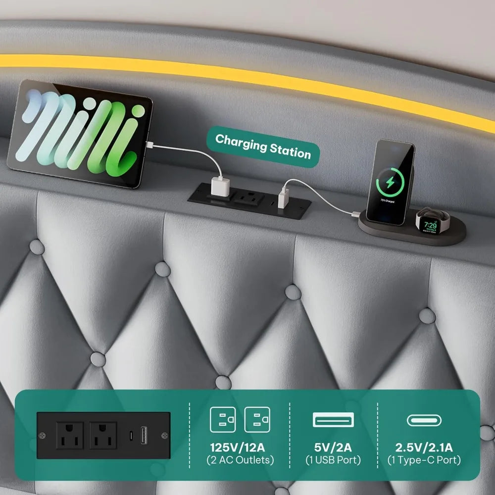 King Size Velvet Upholstered Bed Frame with 4 Storage Drawers, 57 Tall Headboard, RGB LED Lighting, and Charging Station