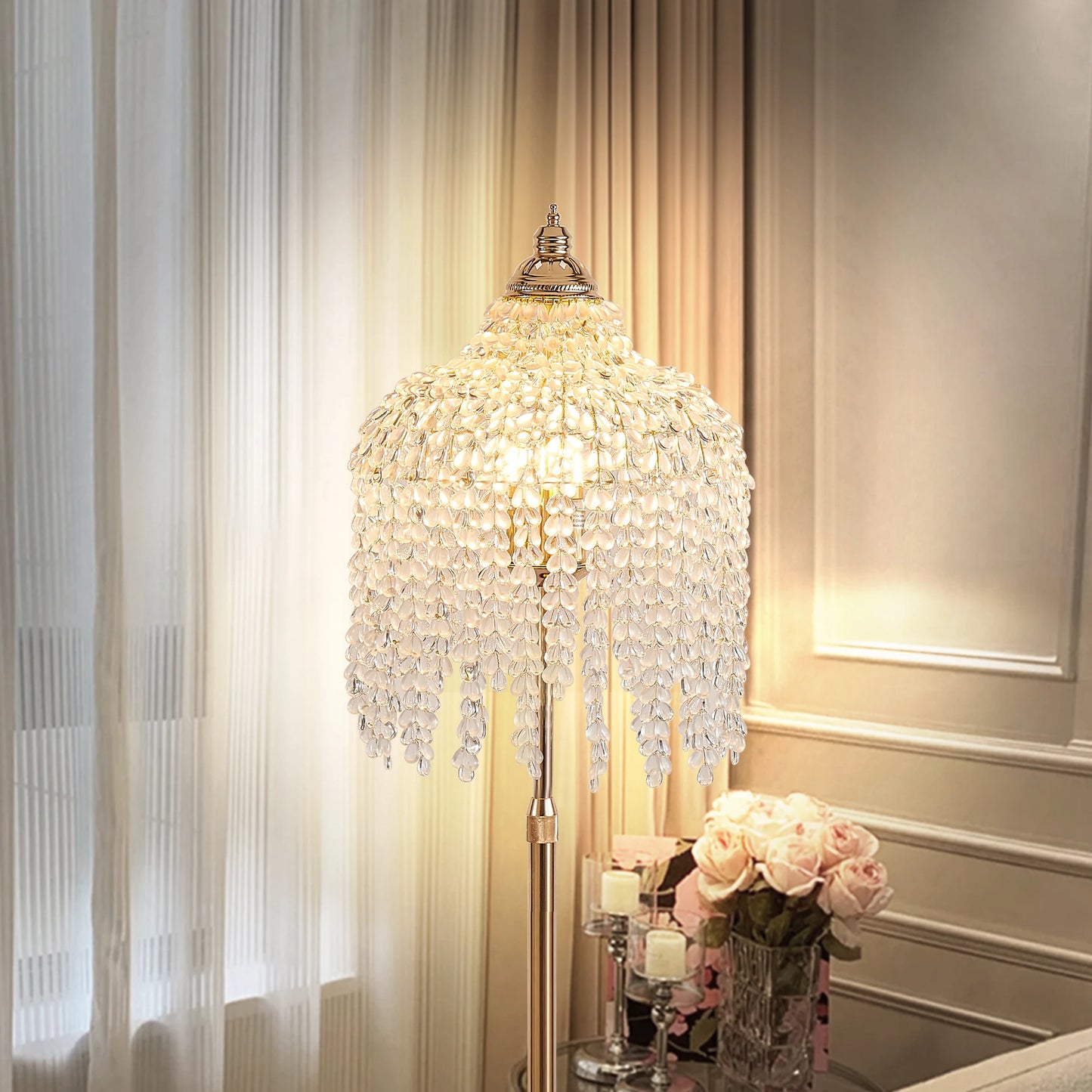 ARLGSITE 3-Light Elegant Crystal Floor Lamp Vintage Waterfall Design with Crystal Bead Strings and Marble Texture Base (No Bulb)