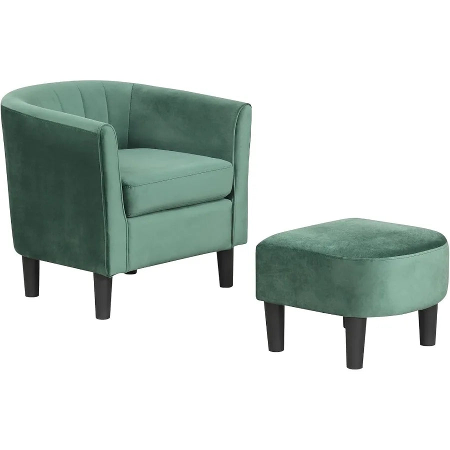 Modern accent chair with ottoman upholstered in teddy velvet featuring a barrel design curved backrest and armrests non-slip fe