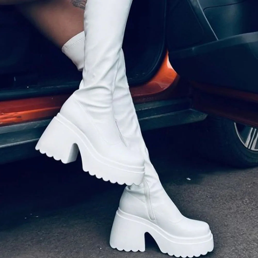 DoraTasia Fashion Round Toe Chunky Heel Women's Stretch Boots INS Punk Street Snap Motorcycle Nightclub  Winter Shoes Woman
