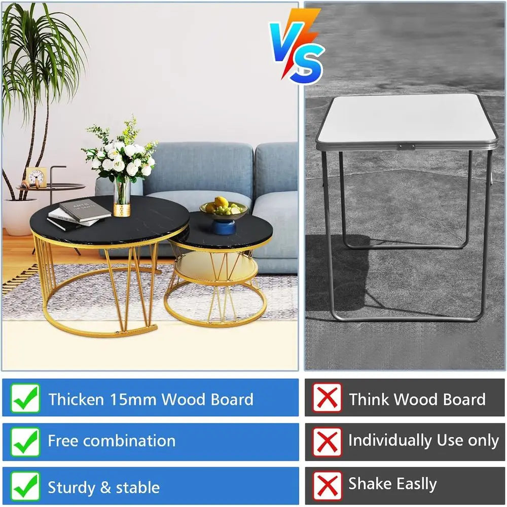 Modern Stackable Black Gold Marble Coffee Table Duo for Small Living Spaces
