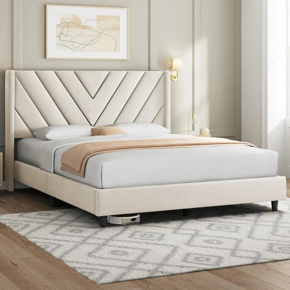 Upholstered Queen Bed Frame with Tufted Headboard, Wooden Slat Support, No Box Spring Needed, Beige Velvet Finish