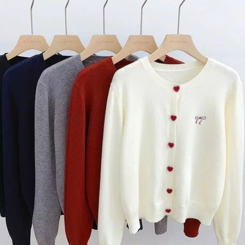 2025 Korean Casual Solid Knitting Tops Women Knitted Cardigan Bow Embroidery O-Neck Single Breasted Heart-shaped Button Sweater