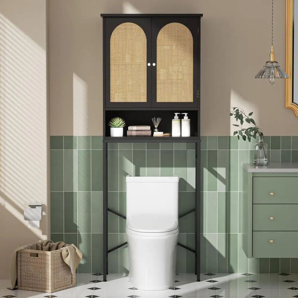 Black Rattan Wood Over-the-Rack Bathroom Storage Cabinet with Adjustable Shelf and Metal Stand