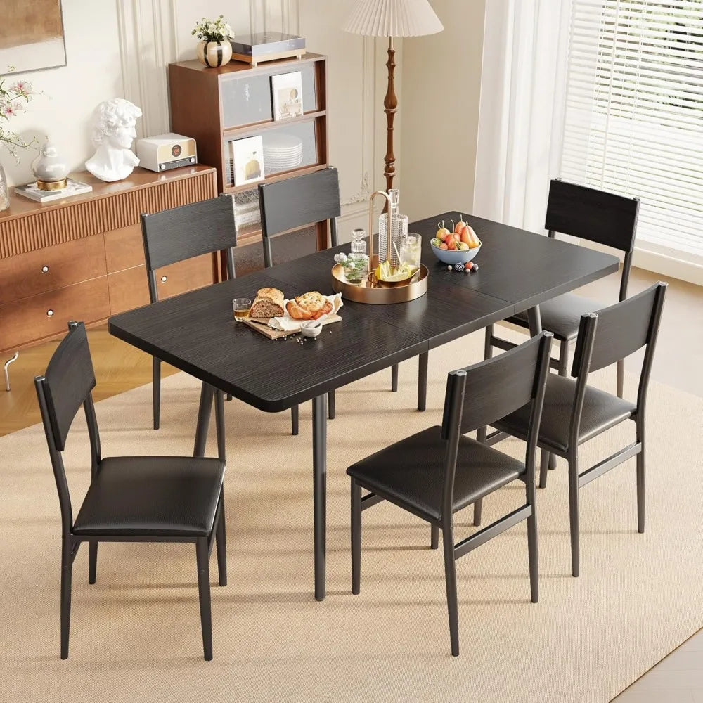 7-Piece Extendable Dining Table Set with 6 Padded Chairs, 63" Dining Table Set for 4-6, Kitchen Table Set with MDF Board & Meta