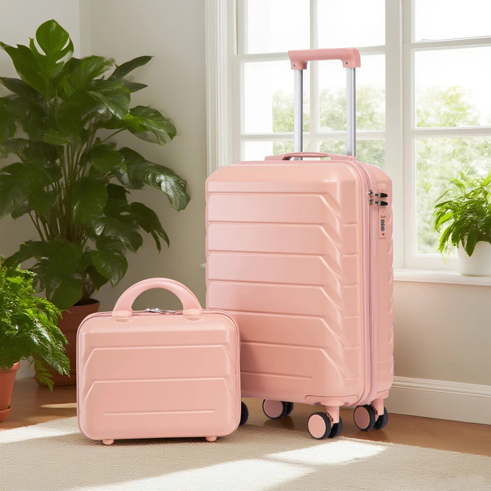 14"/20" 2 pcs/set in ABS Spinner Wheel Luggage, with Combination Lock,14" Cosmetic Case (Pink)