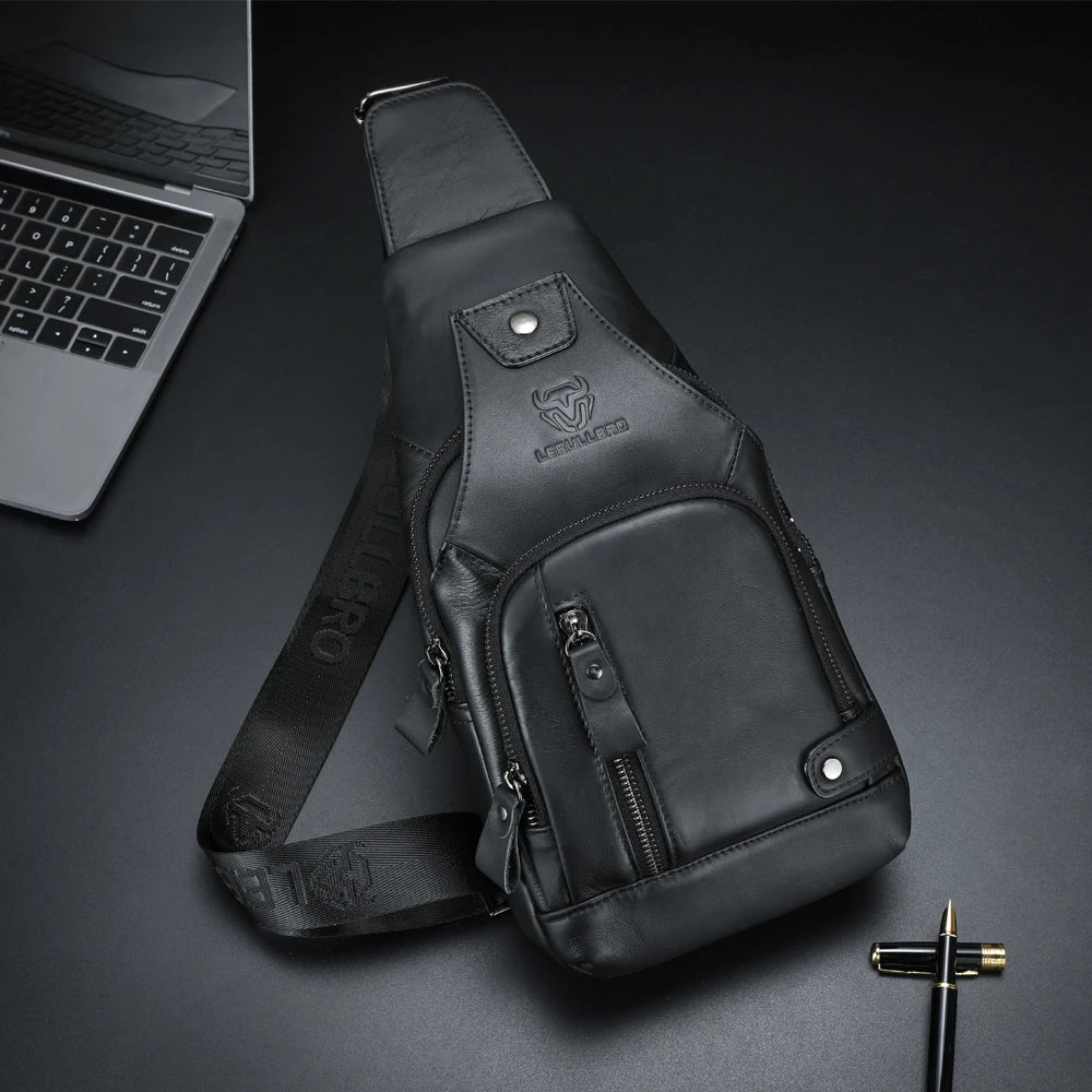 LEBULLBRO Sling Bag for Men Genuine Leather Chest Bag Crossbody Backpack Travel Hiking Outdoor Sports