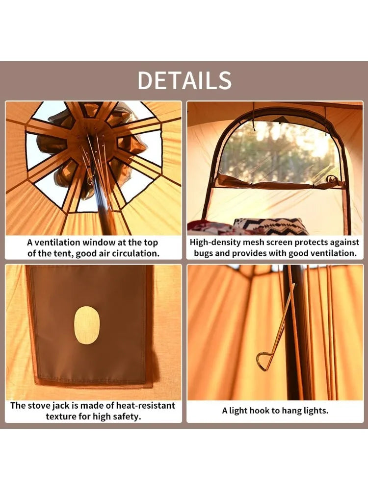 Canvas Tent Bell Tent 16.4ft*High9.2ft with Stove Jack for Glamping Family Camping Zipped Removable Floor
