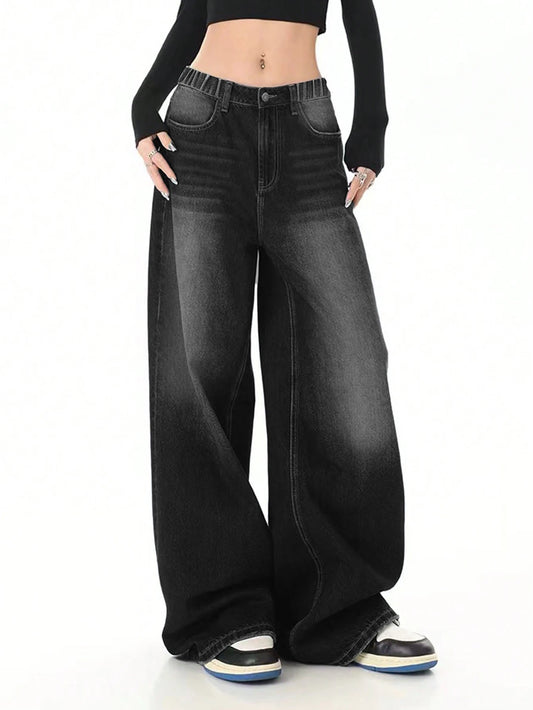 Vintage black washed loose straight-leg jeans for girls - a casual, long, wide-leg fashionable pants