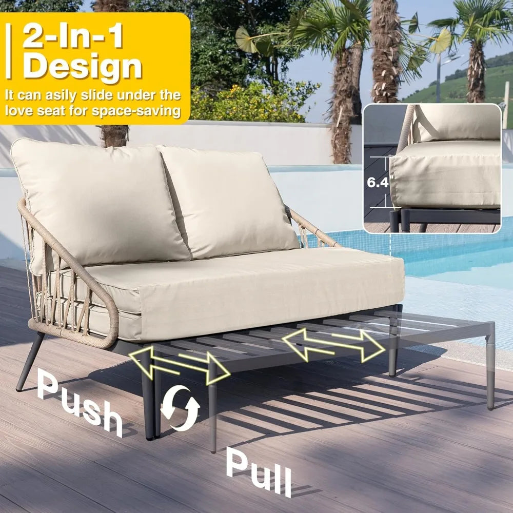 Patio Adjustable Daybed, 2-Person Outdoor Daybed with Cushions and Pillows, Woven Rope Patio Loveseat Garden Adjustable Reclinin