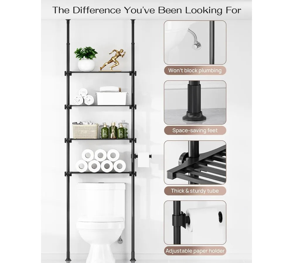 Adjustable Over Toilet Storage Shelf, 4-Tier Bathroom Organizer with Tension Mount, Fits 64-113 Inch Heights, Black