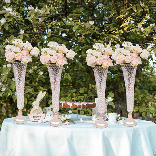 4 Pcs Elegant Gold Crystal Trumpet Floral Vase Set, Luxury Wide Mouth Vases with Sturdy Base for Home Bedroom Balcony Decor