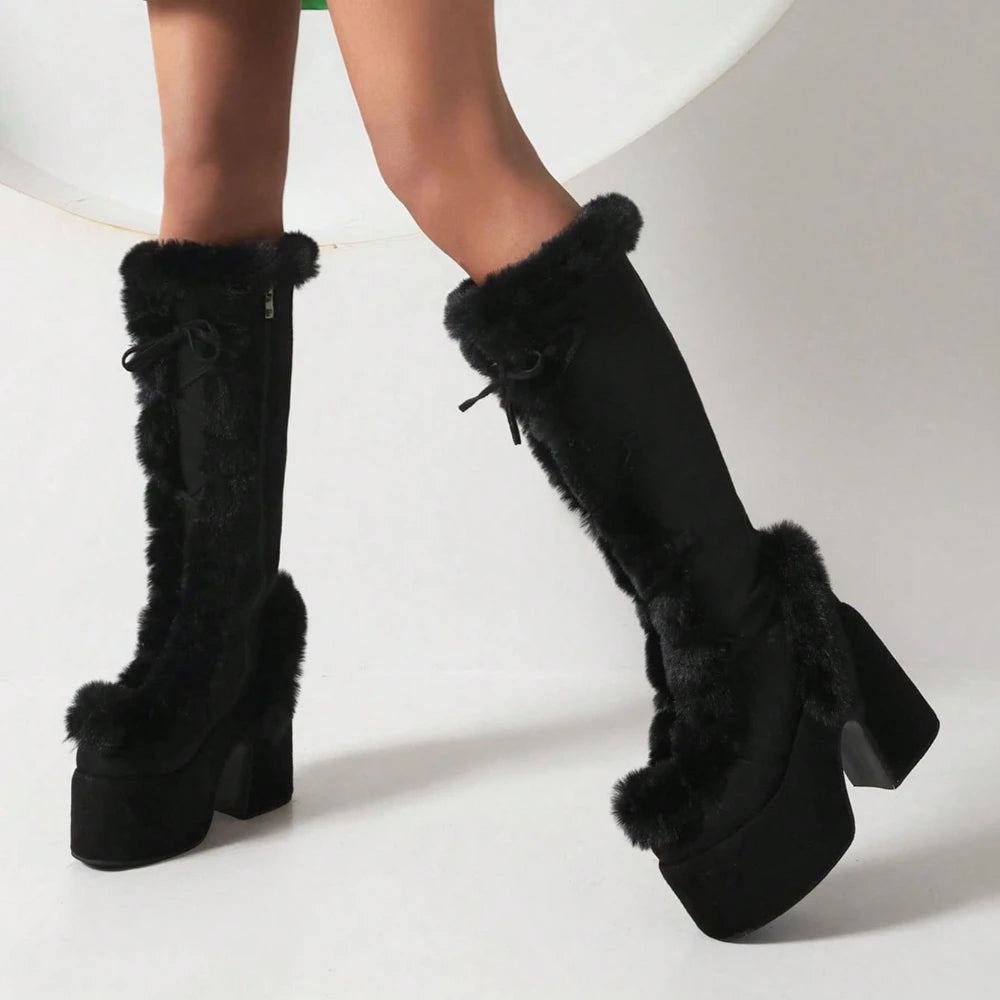 Warm Faux Fur Knee High Snow Boots For Women Punk Goth Platform Chunky High Heel Side Zipper Walking Winter Boots
