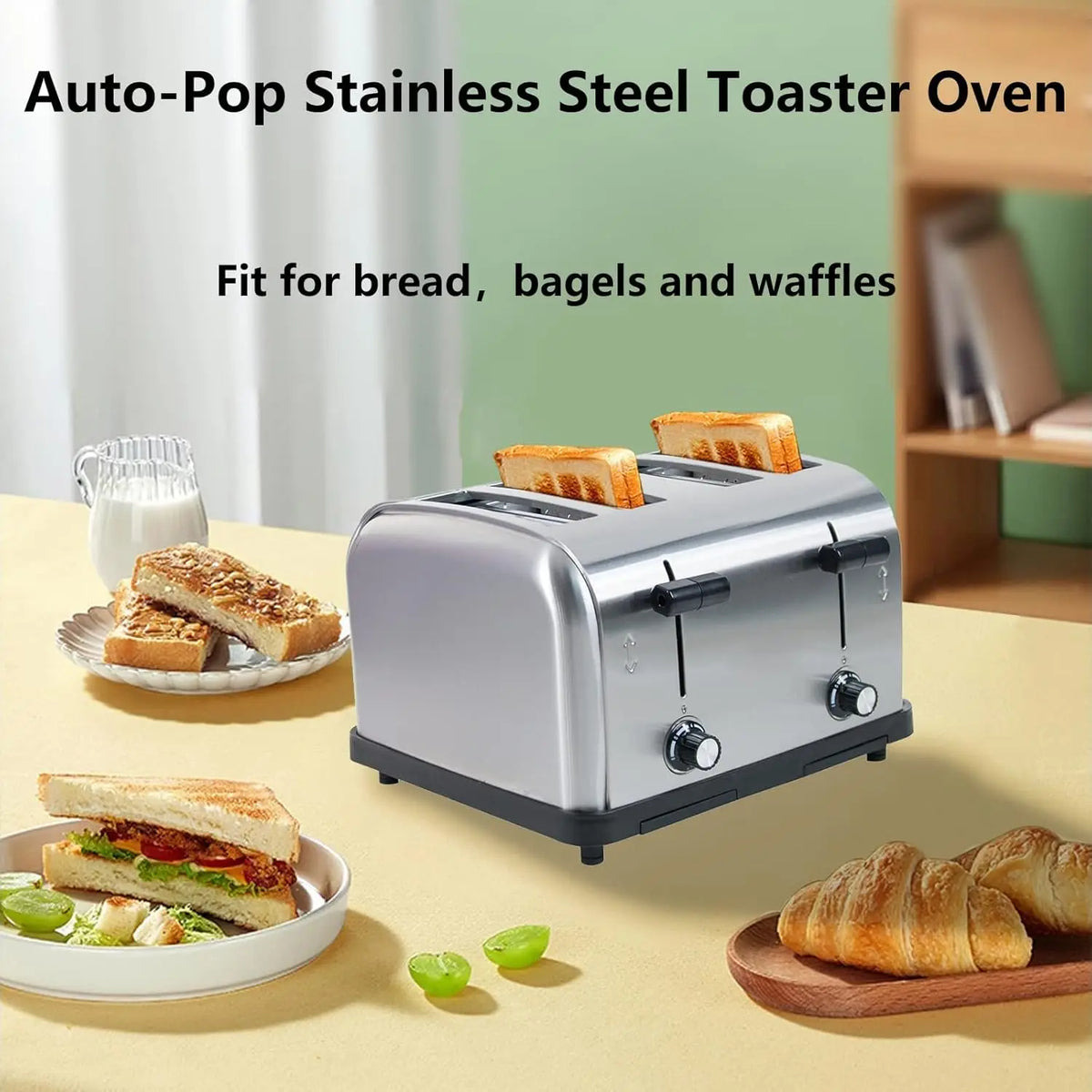 Commercial Toaster for Restaurant, 4 Slice Toaster,Commercial Bread Heating Machine, Automatic Pop-Up,Stainless Steel Bre