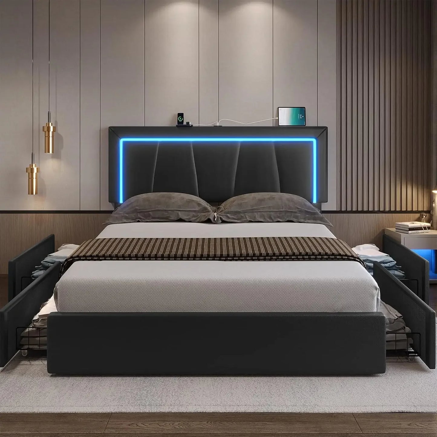 Large LED bed frame with 4 drawers and USB ports, equipped with storage space. Large black faux leather storage bed, black