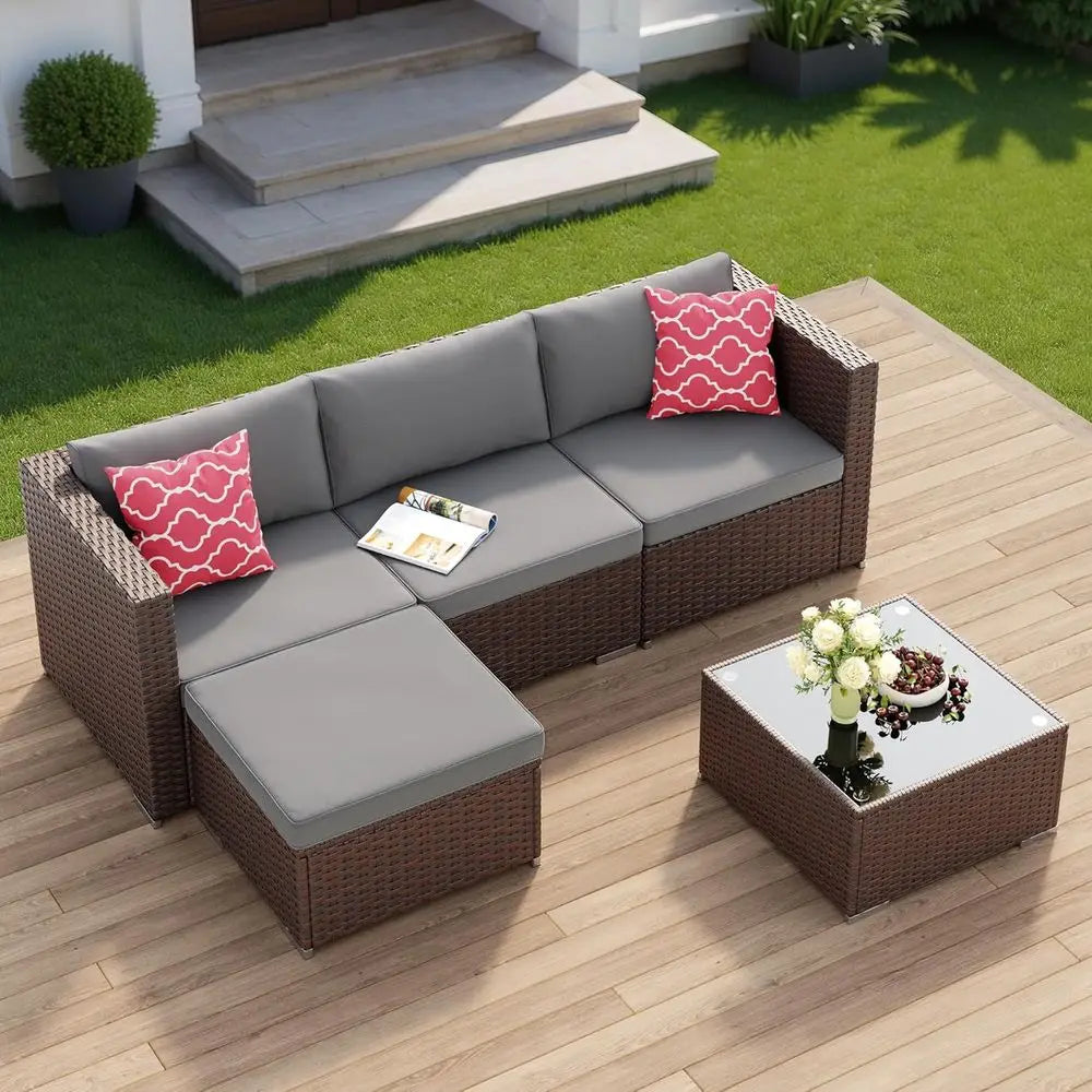 All-Weather Grey Outdoor Wicker Patio Sectional Set with Cushions and Glass Table