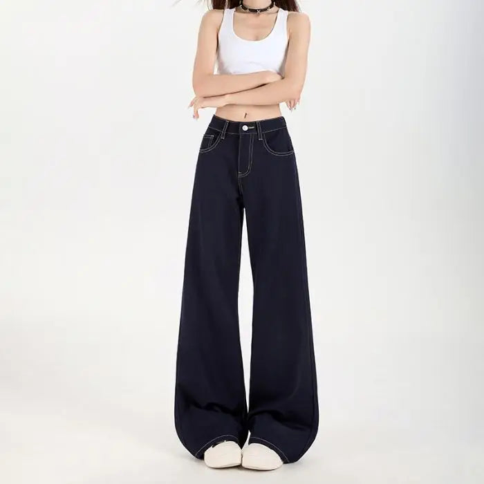 Summer Women's Wide Leg Jeans Retro Patchwork Solid Baggy Straight Leg Denim Adjustable Waist High Quality
