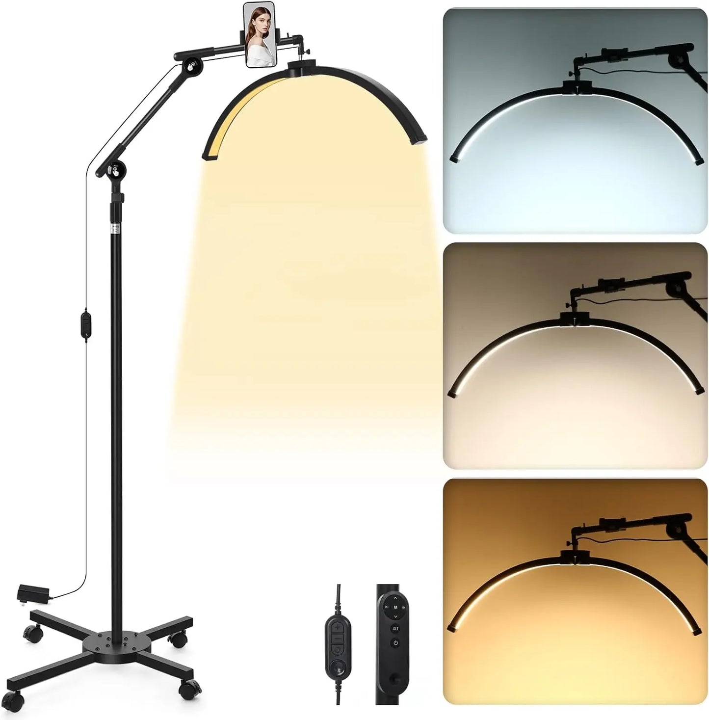 Half Moon LED Floor Lamp with Adjustable Height & Angle, Cool/Warm Light, Phone Holder for Eyelash & Skincare