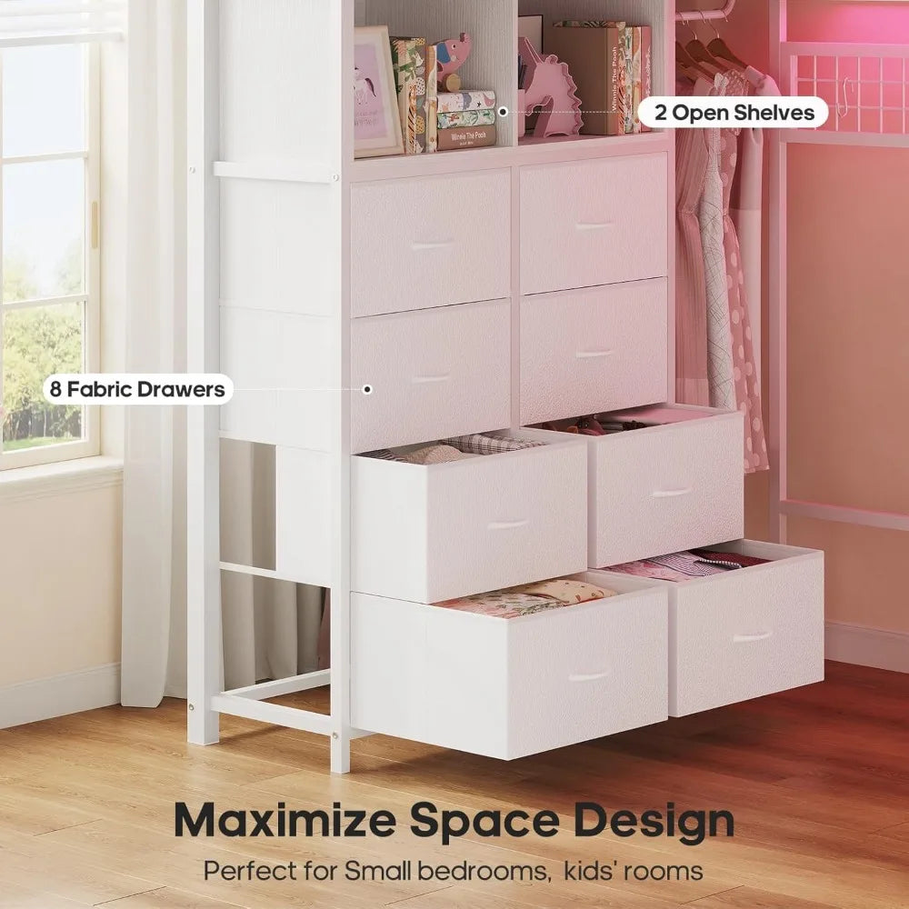 Full Size Loft Bed with Desk, 8 Drawers, LED Lighting, Power Outlet, 2 Shelves, and Clothing Rack