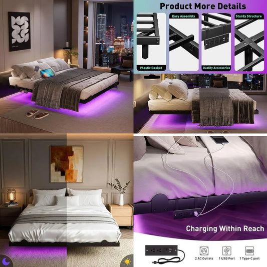 King Size 10 Inch LED Floating Bed Frame with Charging Station, Easy Assembly, No Box Spring Needed