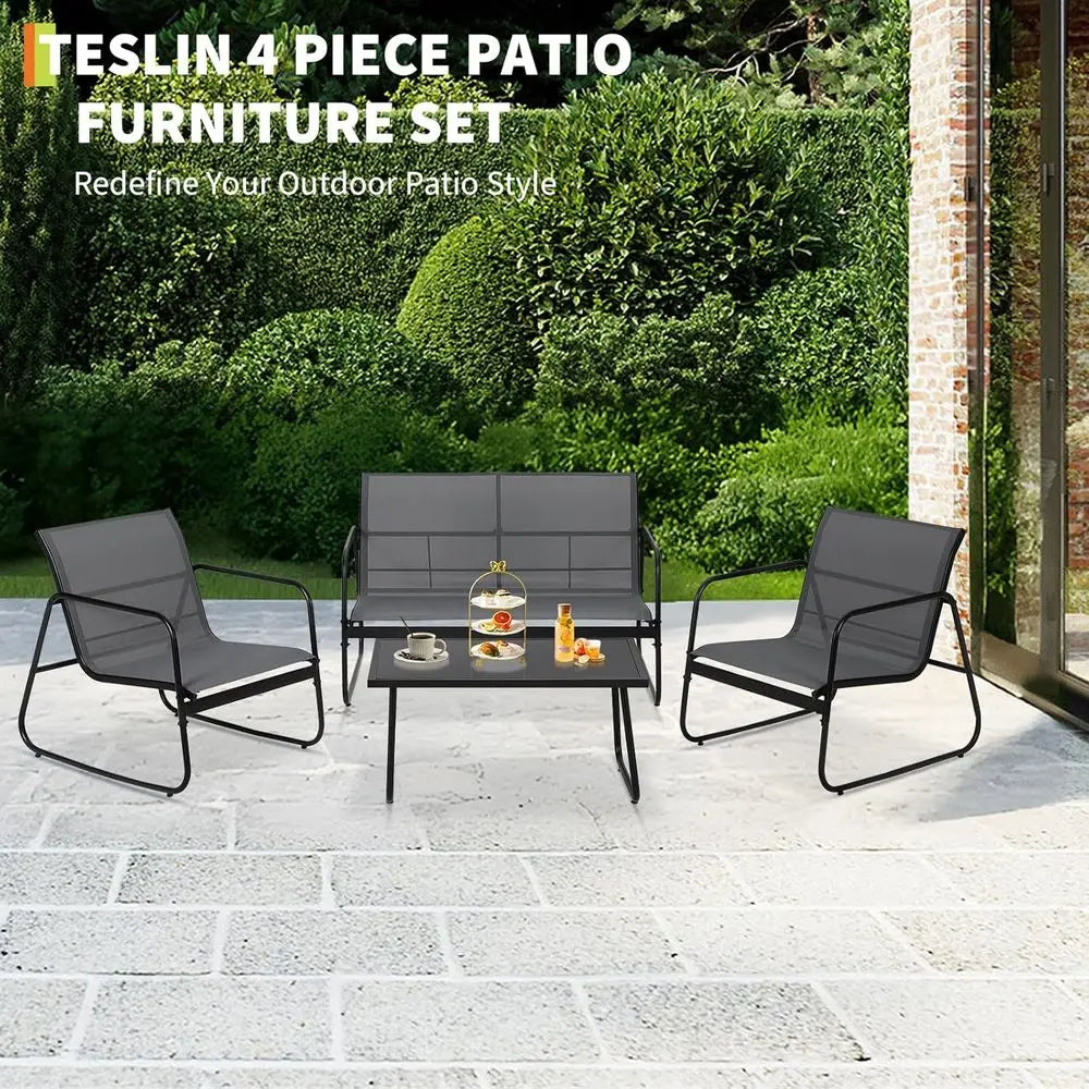 Rustproof Metal Patio Set: Loveseat, 2 Chairs, Glass Table for Outdoor Spaces