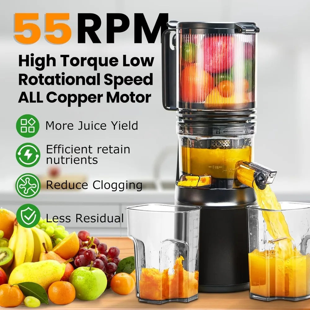 Large Feed Chute Cold Press Juicer: Slow Masticating Machine for Efficient Fruit and Vegetable Juicing, Easy Clean Design