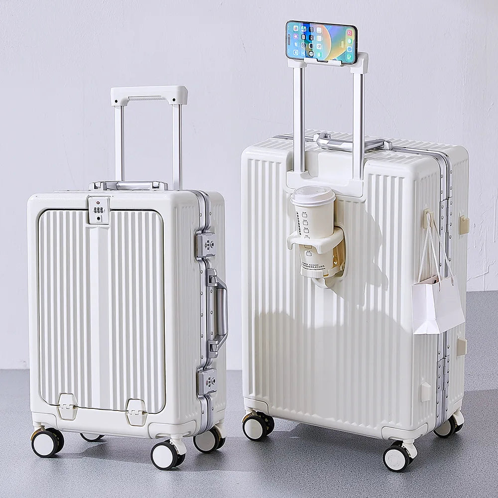 Front Opening Suitcase Aluminum Alloy Widen Trolley Rolling Luggage with Cup Holder TSA Lock Spinner Wheels Carry-on Case Bag