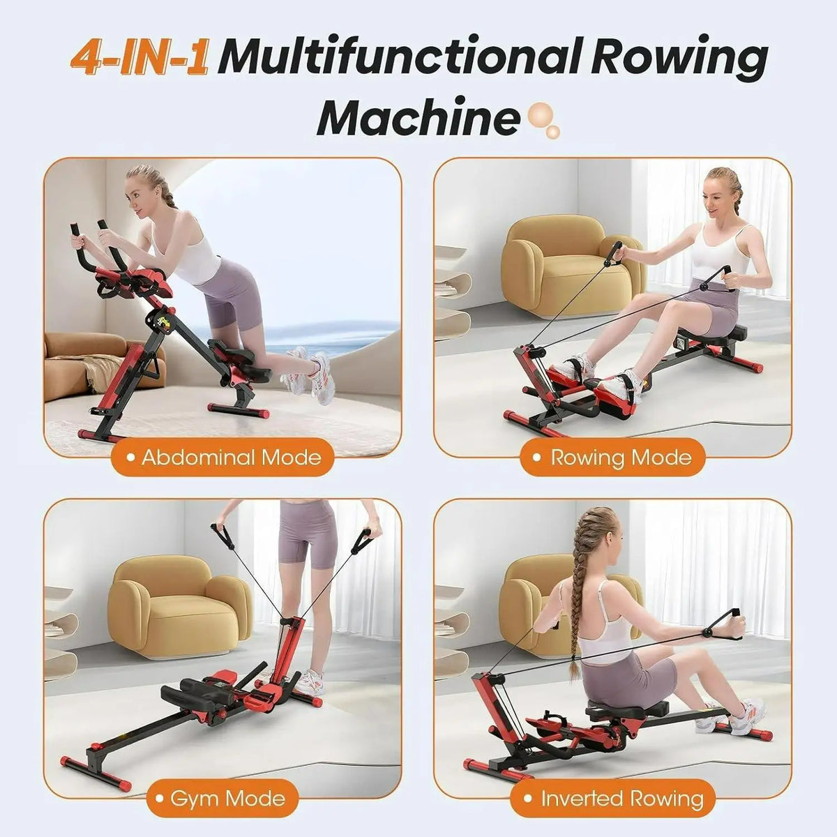 W_Rowing Machine, 4 in 1 Rowing and Ab Machine with 2 Levels of Workout Resistance, Quiet