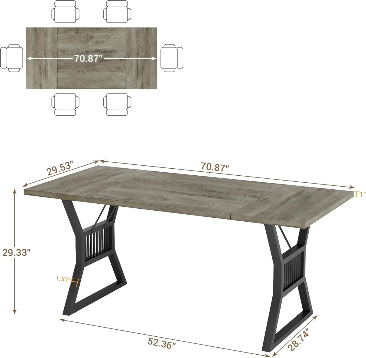 70.8 Inch Large Dining Table for 6-8, Industrial Wooden Kitchen Table with Sturdy Metal Legs, Rectangular Long Dinner Table