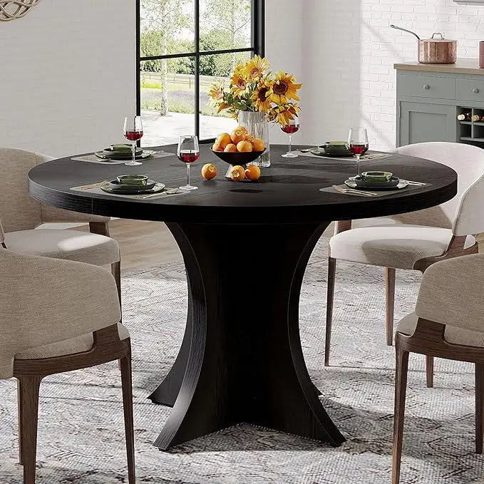 Round Dining Table for 4-6, 47.24-Inch Farmhouse Kitchen Table, Wood Dining Table with Pedestal Base, Small Dinner Table for Di