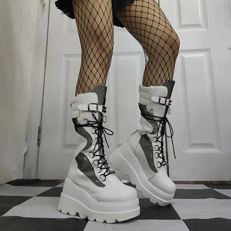 Women Goth Combat Boots Punk Boot Casual Wear Fashion Footwear with Lace-Up & Zipper Closure Wedge Heel Platform Ankle Boots US