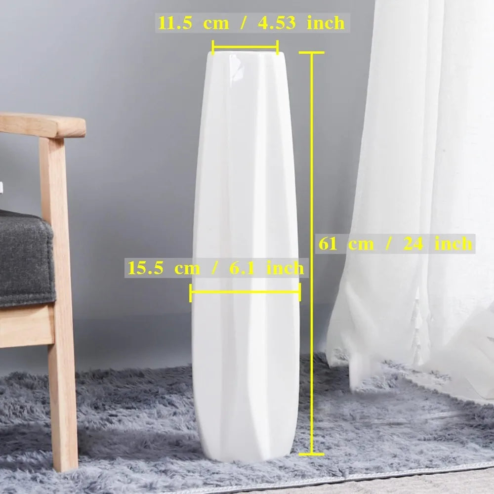 Large White Ceramic Floor Vase - 24 Tall Modern Decorative Vase for Living Room, Home, Office, Bedroom - Flower Vase Accent Piec