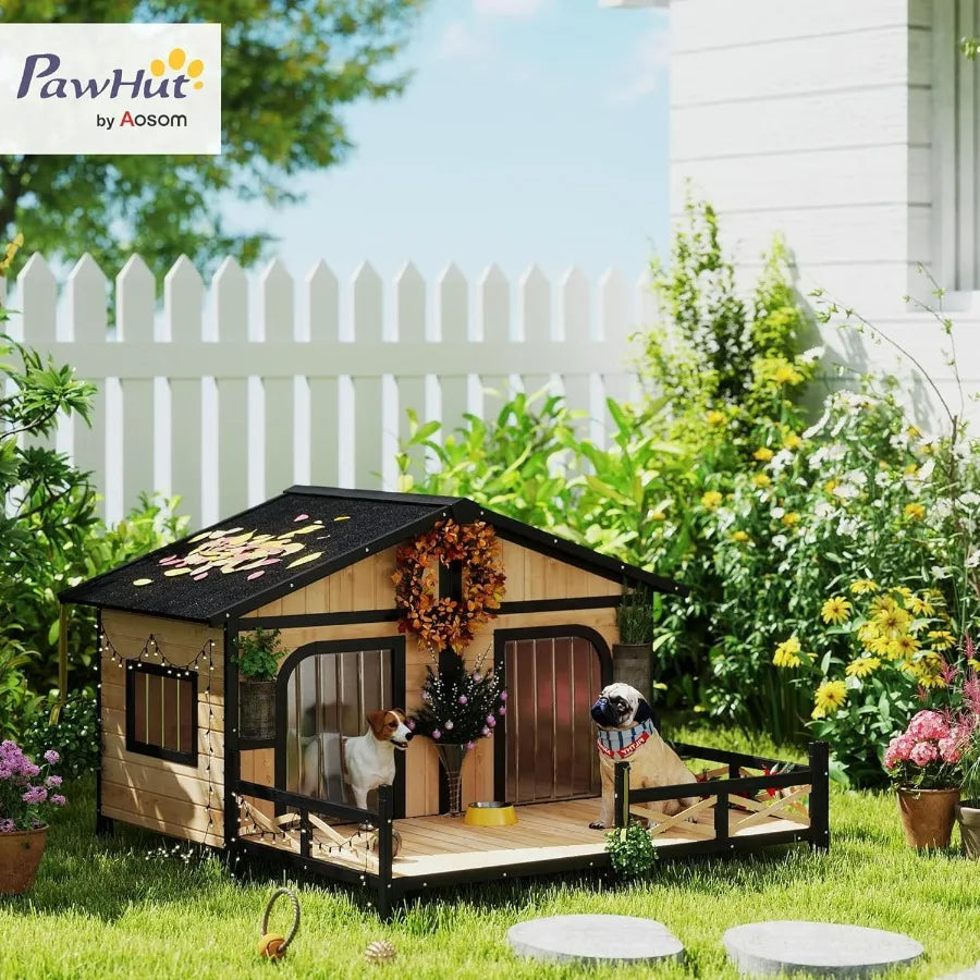 Wooden Large Dog House Outdoor Double XL Dog Kennel with Elevated Floor and Porch Weatherproof Puppy Shelter for Small and Medi