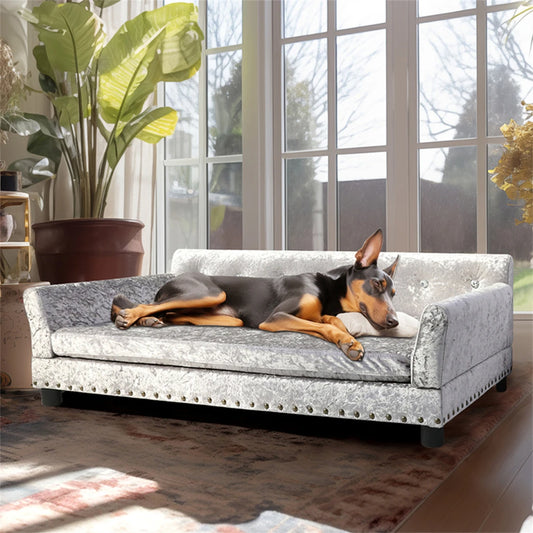 Luxury Velvet Tufted Dog Sofa Bed Large Elevated Pet Bed Upholstered Cushion Wooden Frame Sofa Couch