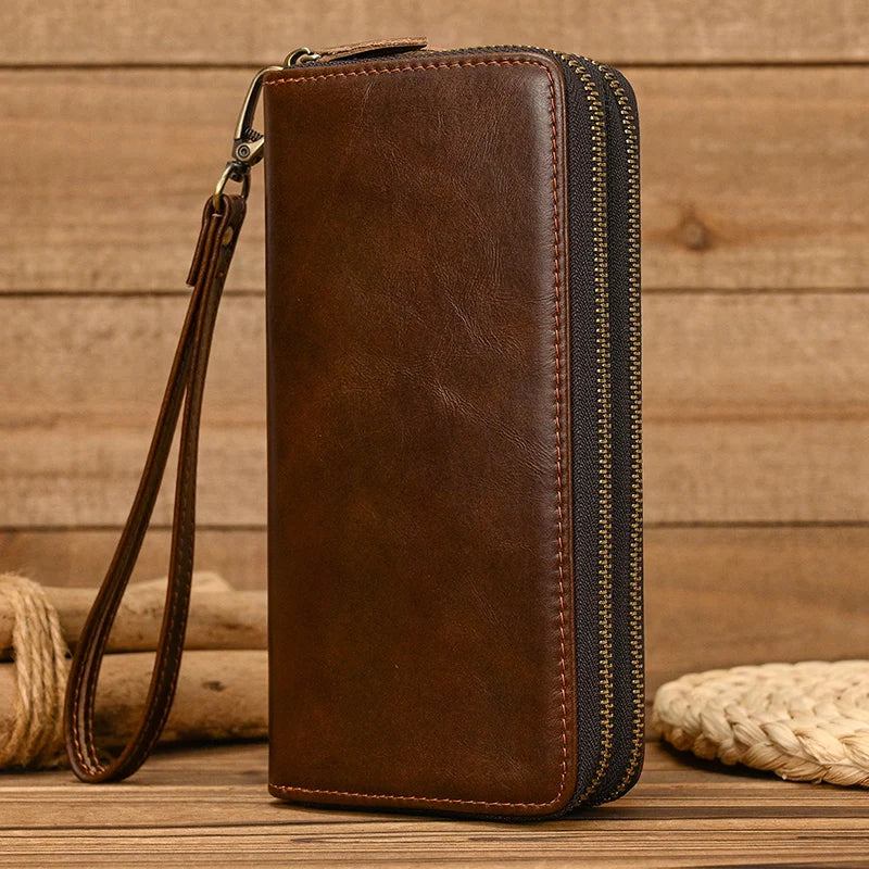 Luxury Double Zipper Women Men Long Wallet Vintage Leather Male Clutch Purse Man Phone Card Coin 100% Genuine Leather Men Wallet