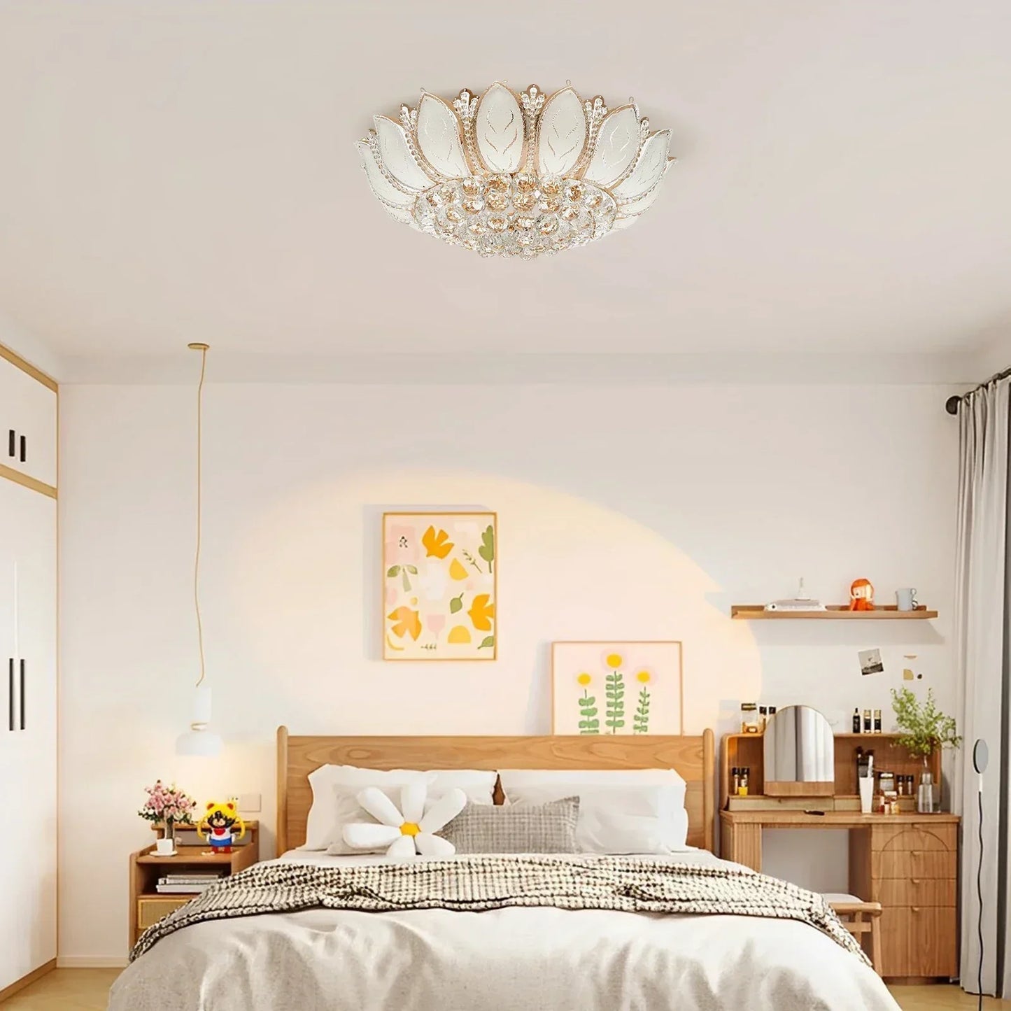 23.5Inch Flower Shaped Crystal Chandelier, E12 110V Gold Crystal Ceiling Lamp Modern Chandelier Hanging Lamp Flush Mount