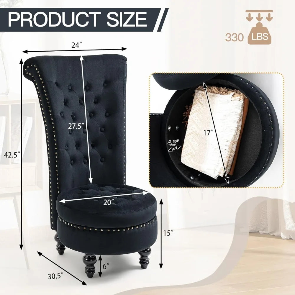 AVAWING High Back Throne Chair, Velvet Armless Royal Accent Chair w/Storage, Nailhead Trim & Rubberwood Legs for Living Room & B