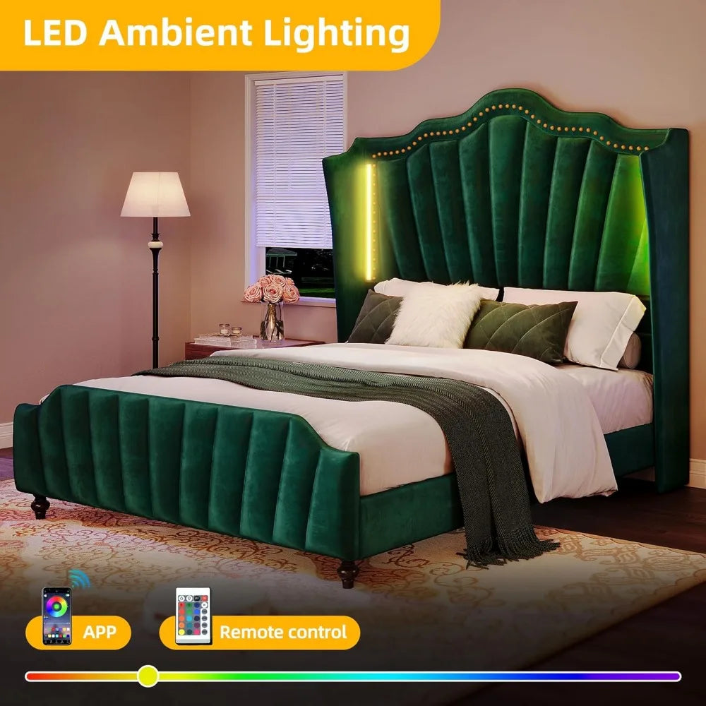 Queen Size DWVO Platform Bed Frame with 60 Tall Velvet Wingback Headboard and Footboard, LED Lighted, Solid Wood Construction