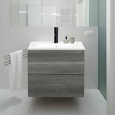 24" Wall Mounted Bathroom Vanity with Sink Grey Floating Vanity Two Drawers Bathroom Cabinet with White Ceramic Integrated Sink