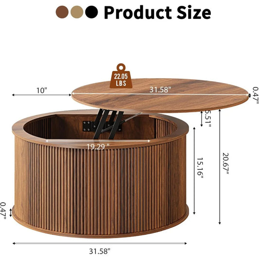 "Round Fluted Lift-Top Coffee Table with Storage for Farmhouse Style Living Room and Dining Area"