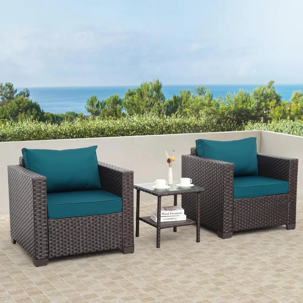 Patio Furniture 3 Piece Patio Set Patio Conversation Sets Outdoor Chairs and Glass Side Table Balcony Furniture with Non-Slip